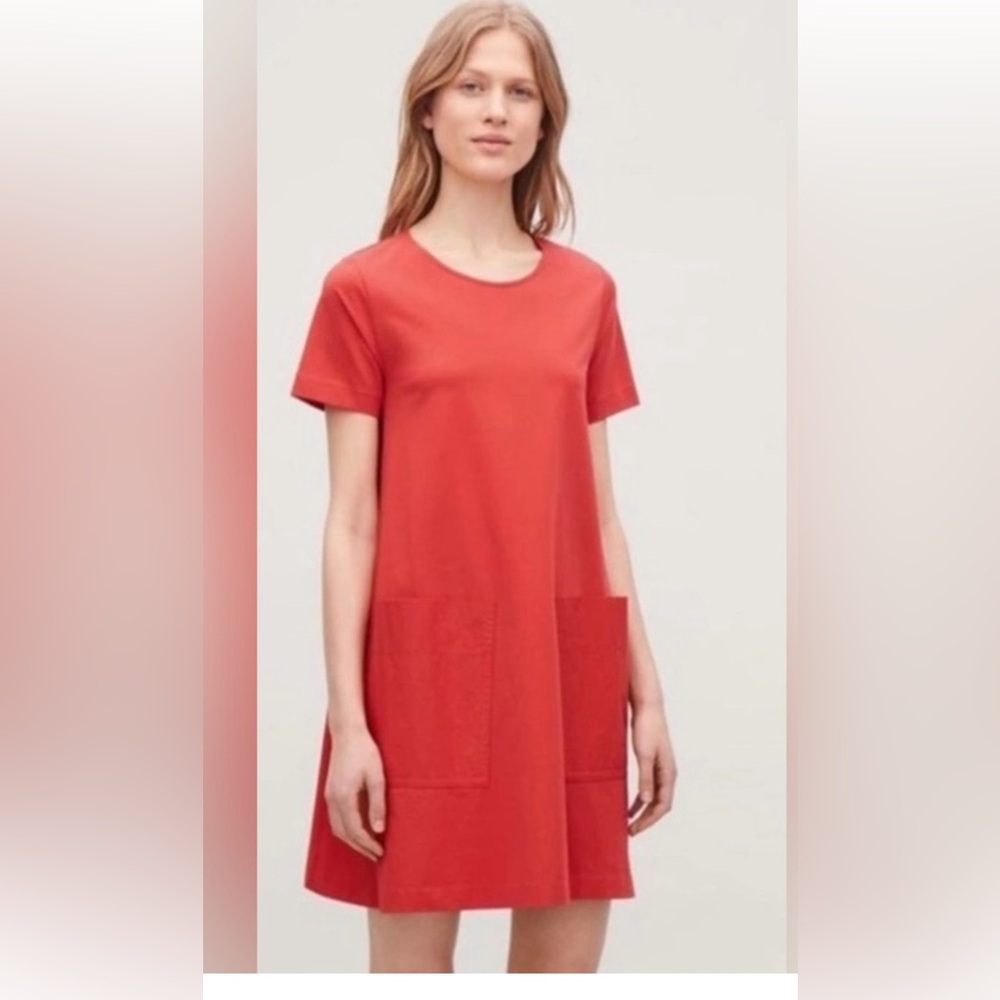 COS A-LINE RED JERSEY SWING DRESS WITH APRON PICKETS SIZE XS